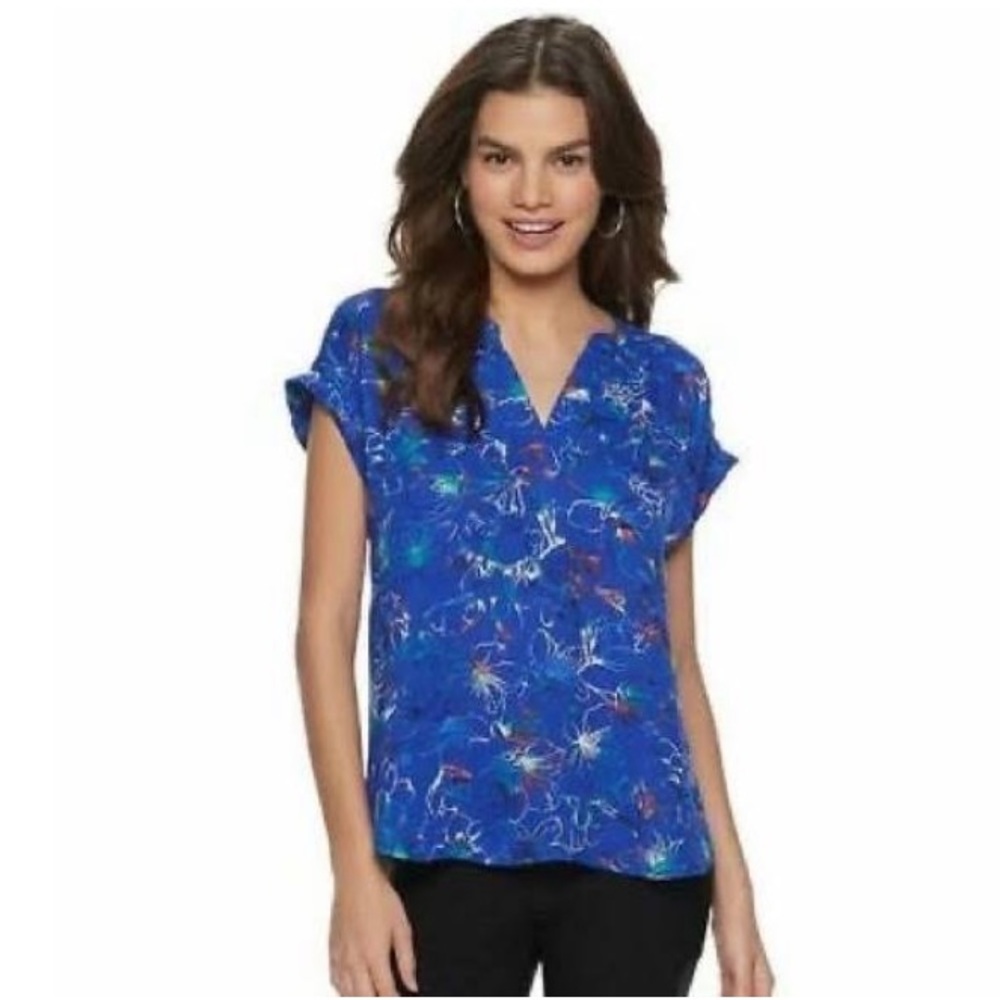 Apt. 9 Blue Floral Short Sleeve V Neck Blouse Sz M